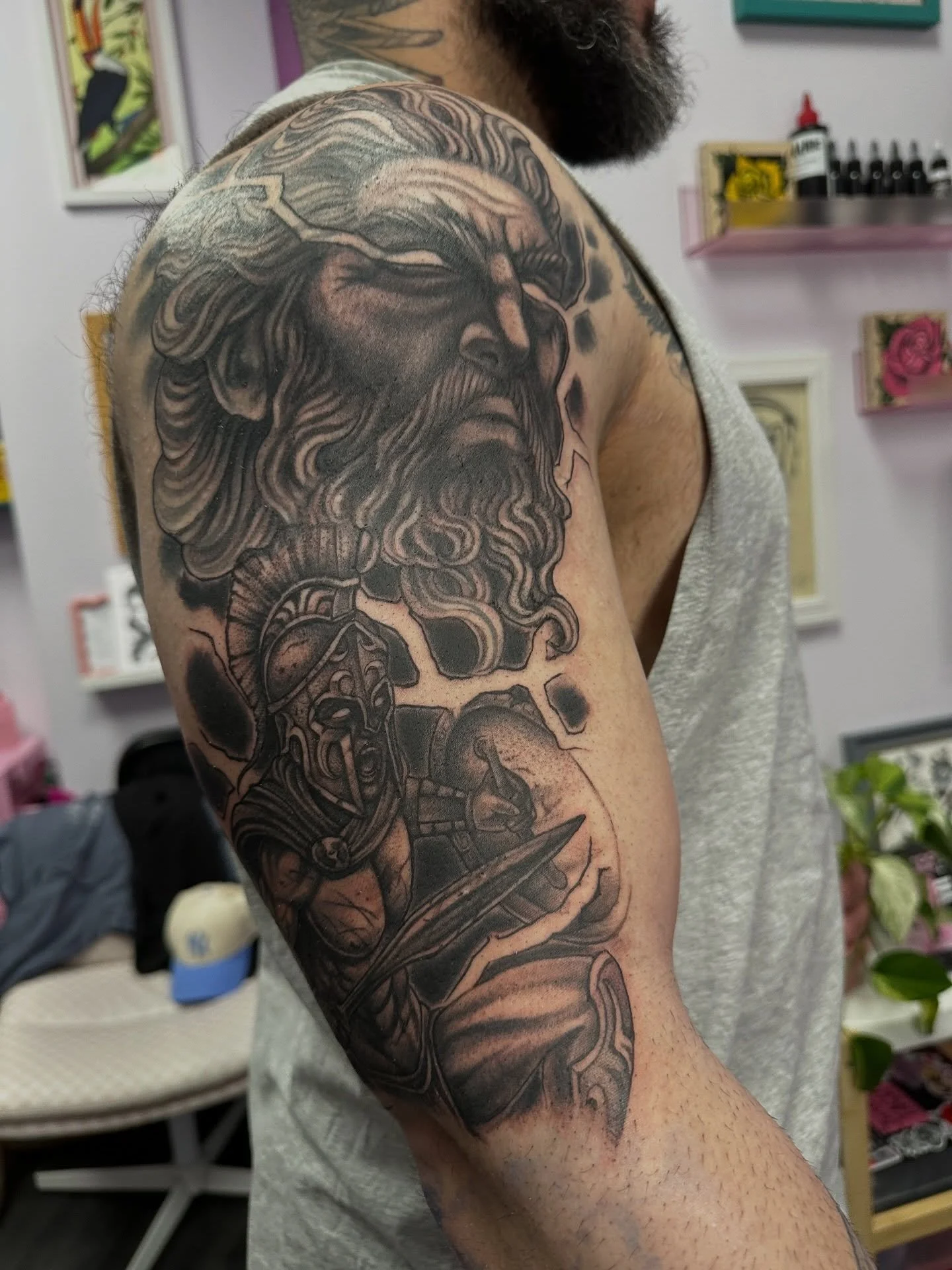 2nd session on this Greek inspired sleeve for Eric ⚡️thank you for the trust! 🖤 

we did this in 2 full day sessions, a full day with me is 12-7pm (w a lunch break so we can stretch and eat 🖤) it&rsquo;s the best option for big tattoos like sleeves
