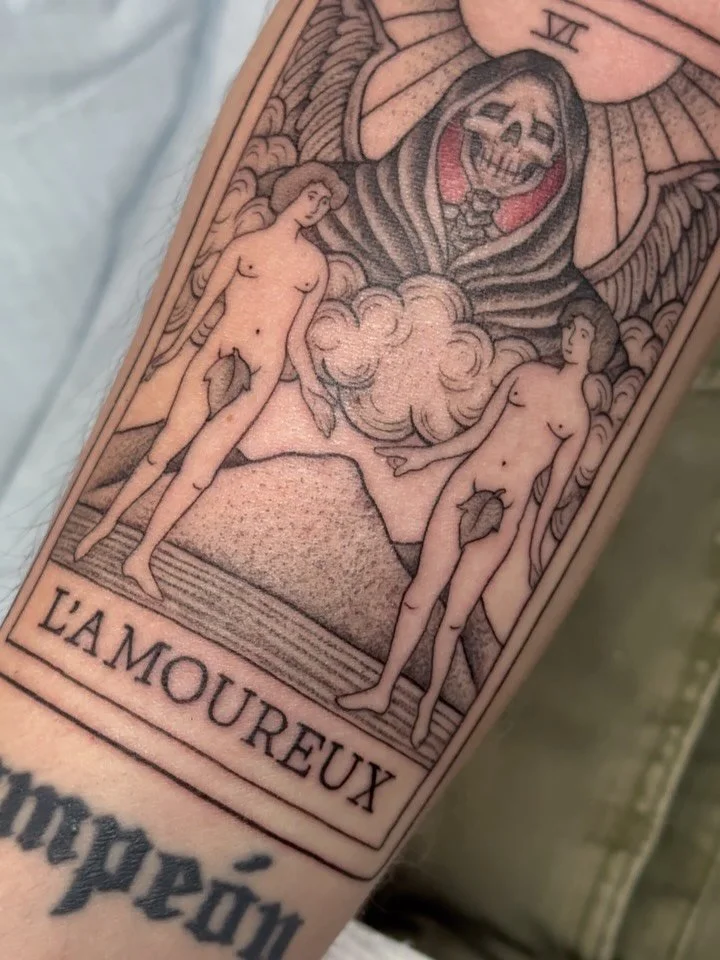 The lovers &amp; his mamas beautiful name, Libertad ✨ thank you Alexis! I love making custom tarot card tattoos and I&rsquo;m always down to make a reaper 🖤

Booking July ☀️
Custom projects, flash, cover ups 
Dm or visit turbotash.com