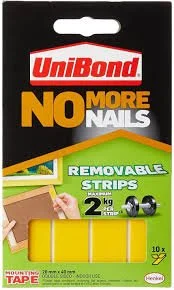 Package of UniBond No More Nails removable strips containing 10 strips for mounting or hanging, with green and black design.