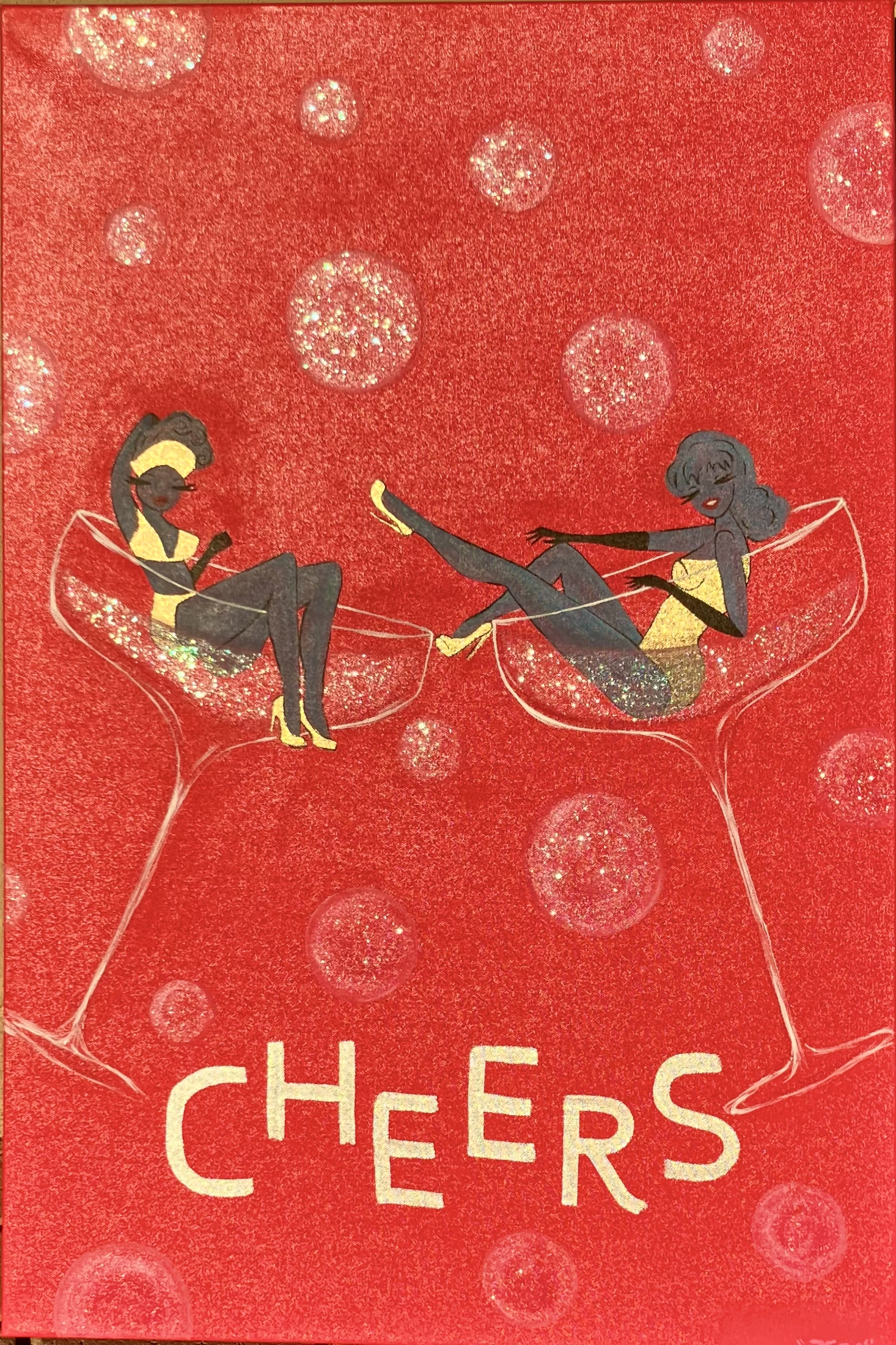 CHEERS - Spraypaint, Acrylic Paint, gold and silver ink and glitter on 24x36' canvas.