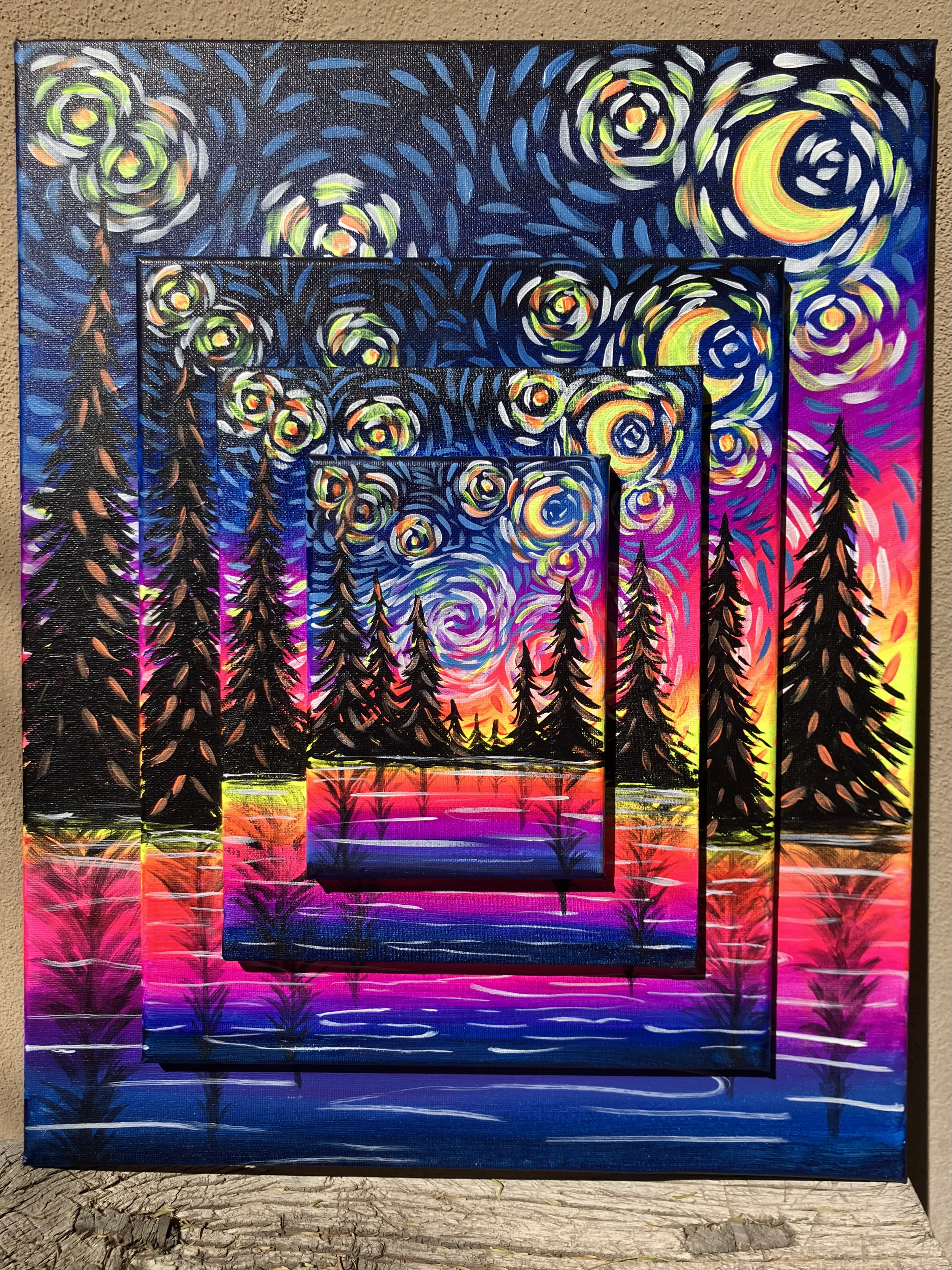 Starry Night Stack - Blacklight reactive acrylic paint on 4 stacked canvases, base is 16x20" smallest 5x7'