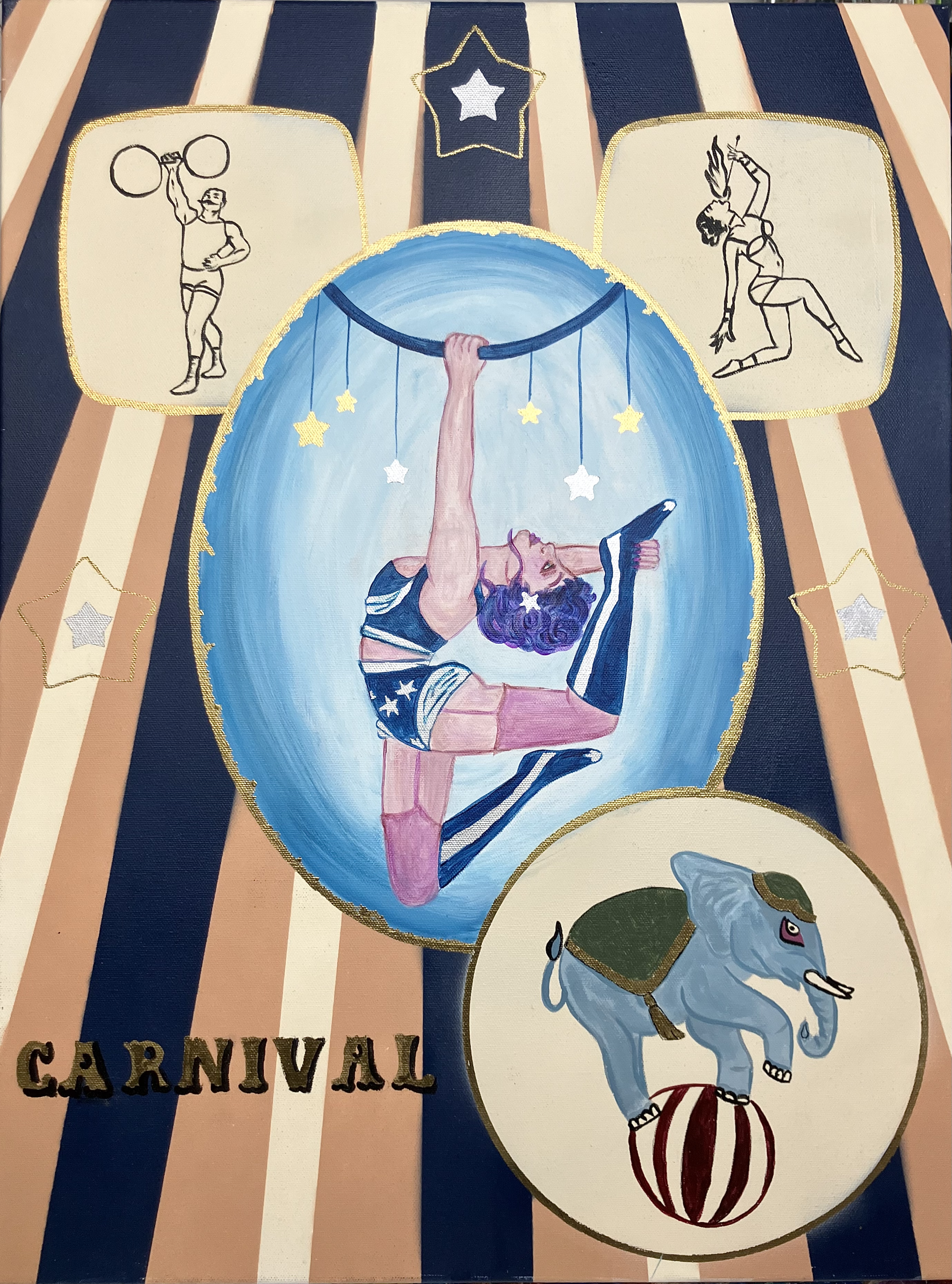 Carnival - Spray paint, acrylic and gold marker on 18x24" canvas