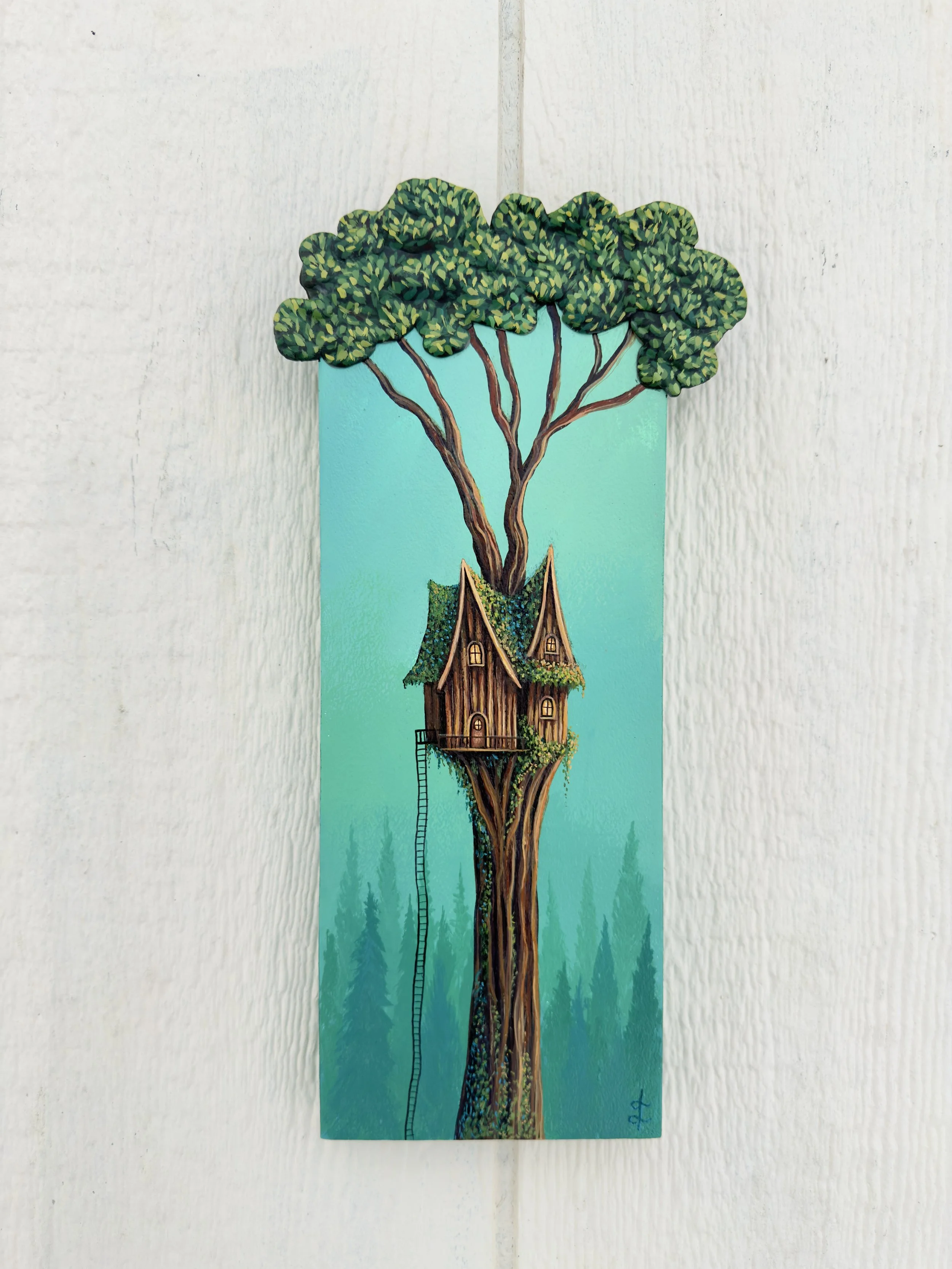 Little House in the Woods, 2025. Acrylic on Cradled Panel, 12 x 5 in.