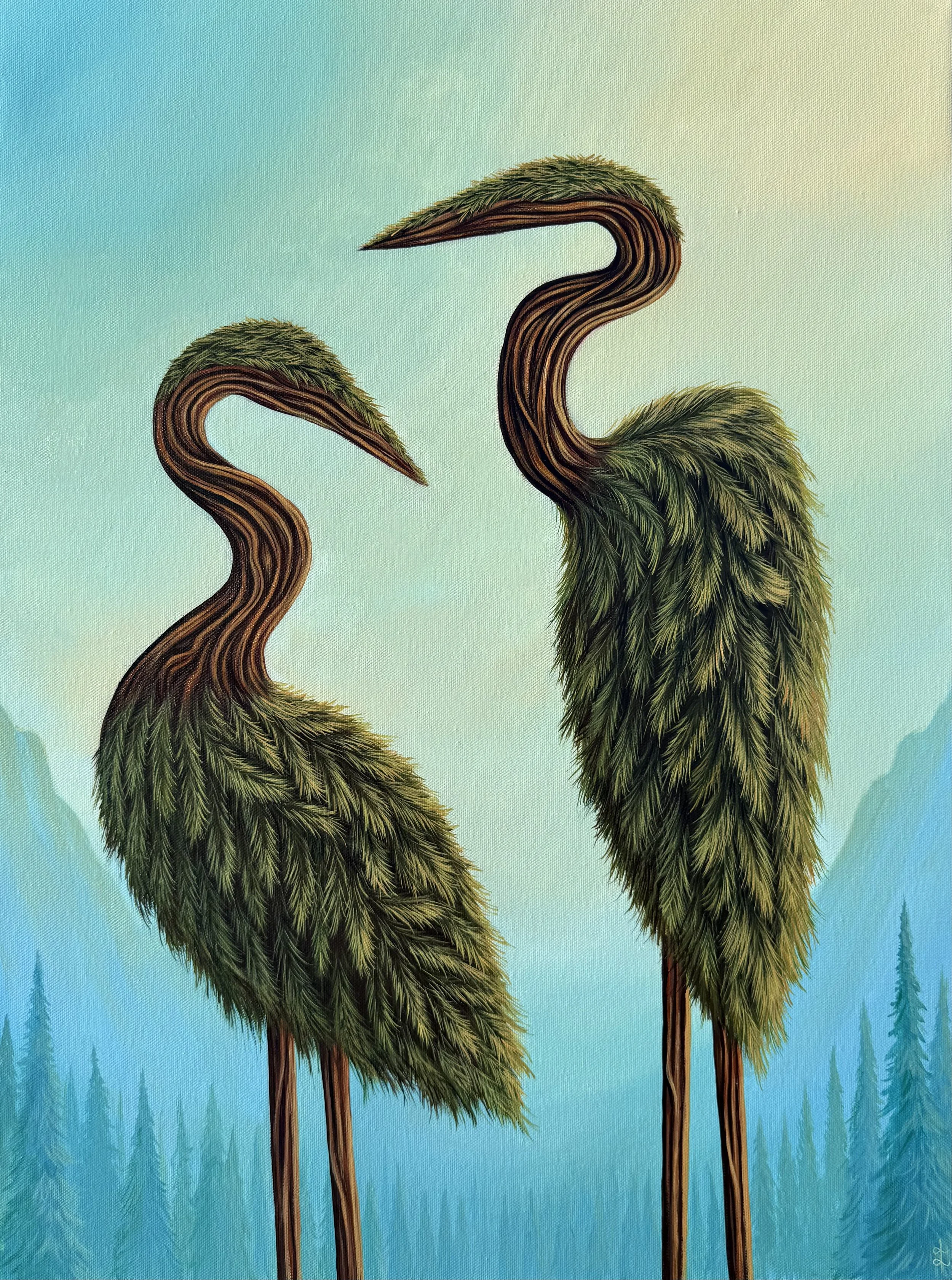 Curled Necks in the Pine Needles, 2025. Acrylic on Canvas, 24 x 18 in.