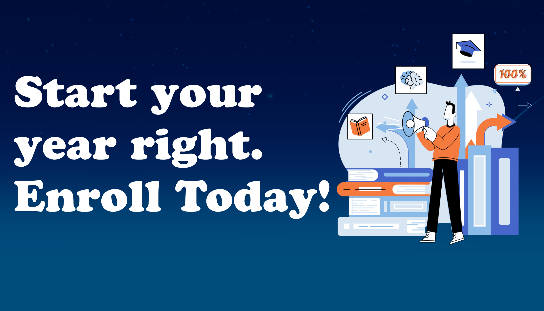 A blue footer with the same illustration as the header. White text reads "Start your year right. Enroll Today!"