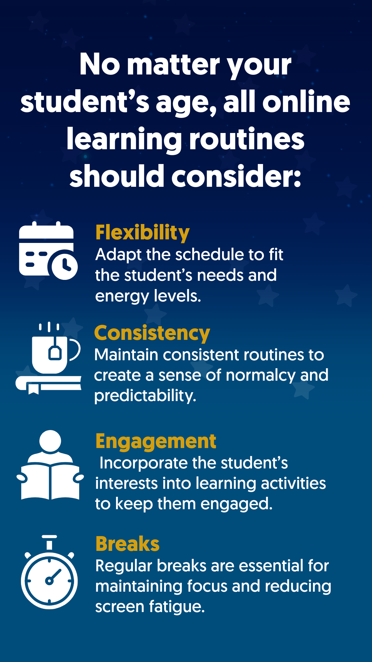 A blue graphic presents more advice for building a virtual school schedule, highlighting the importance of flexibility, consistency, engagement, and breaks.