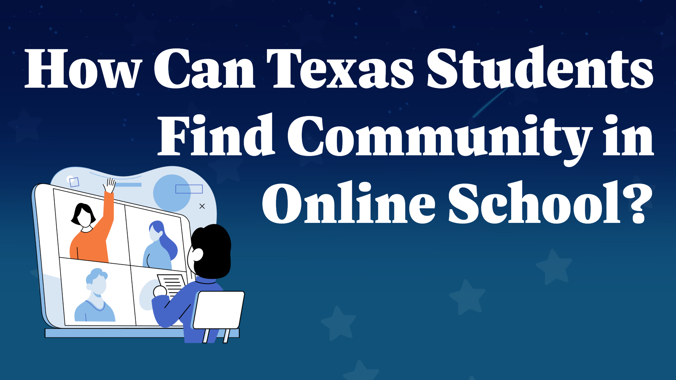 A blue header with an illustration of a virtual student on interacting with online classmates. White text spells out the title.