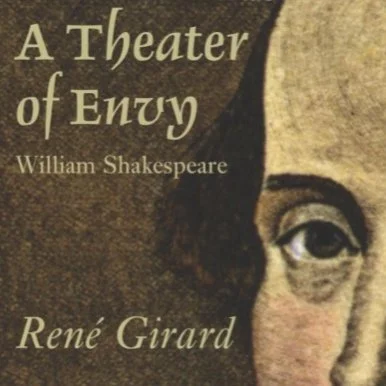 Book cover titled 'A Theater of Envy' by William Shakespeare and René Girard, featuring a partial portrait of a person's face with only one eye visible.