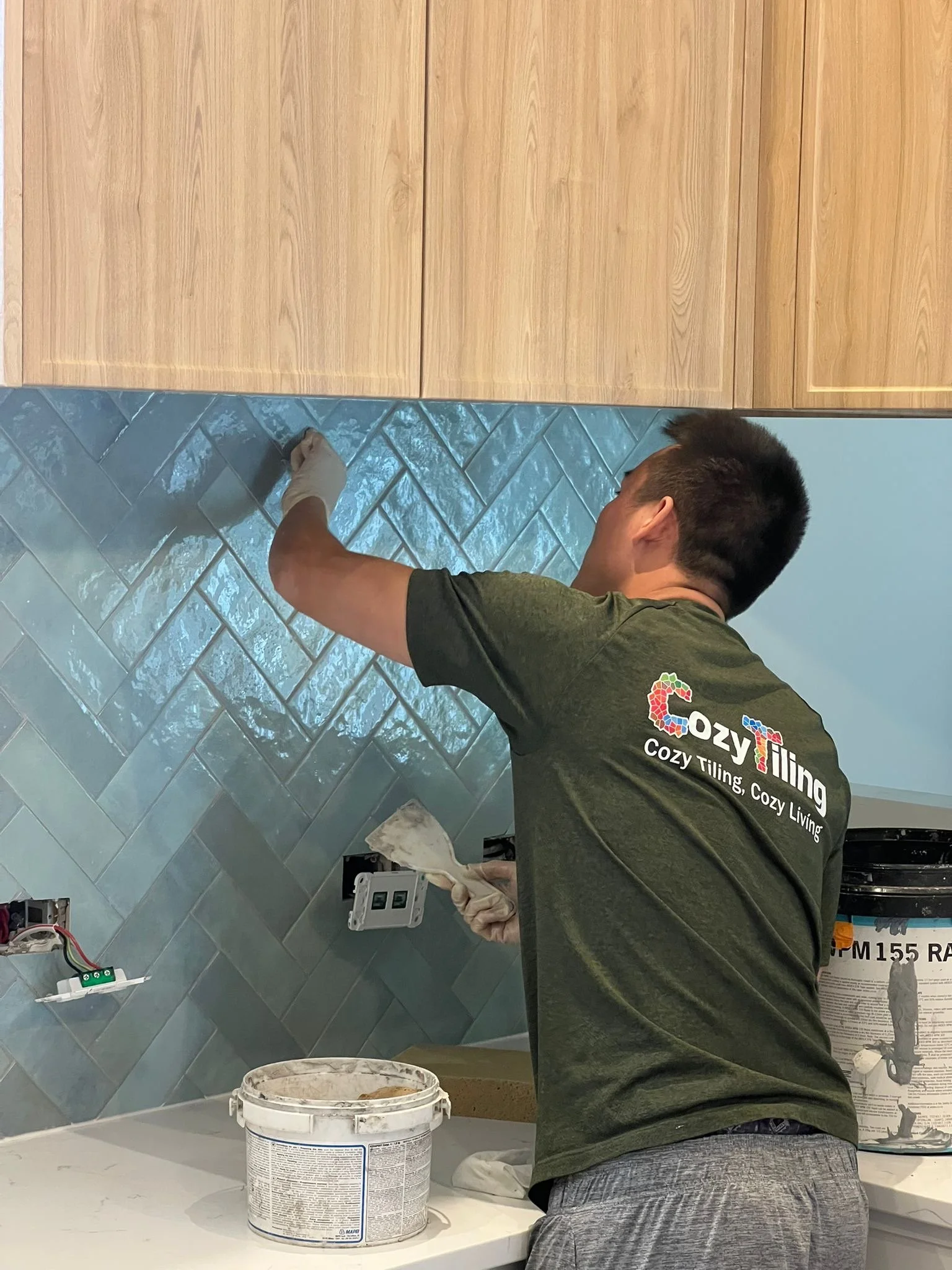 Herringbone with porcelain tiles done in Sandringham in 2025. Epoxy grout
