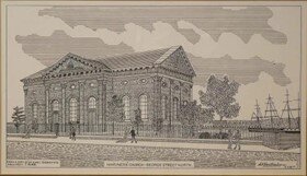 The original Society of Mariners Mission to Seafarers Building on George Street, Sydney, as depicted on a lithograph circa 1850