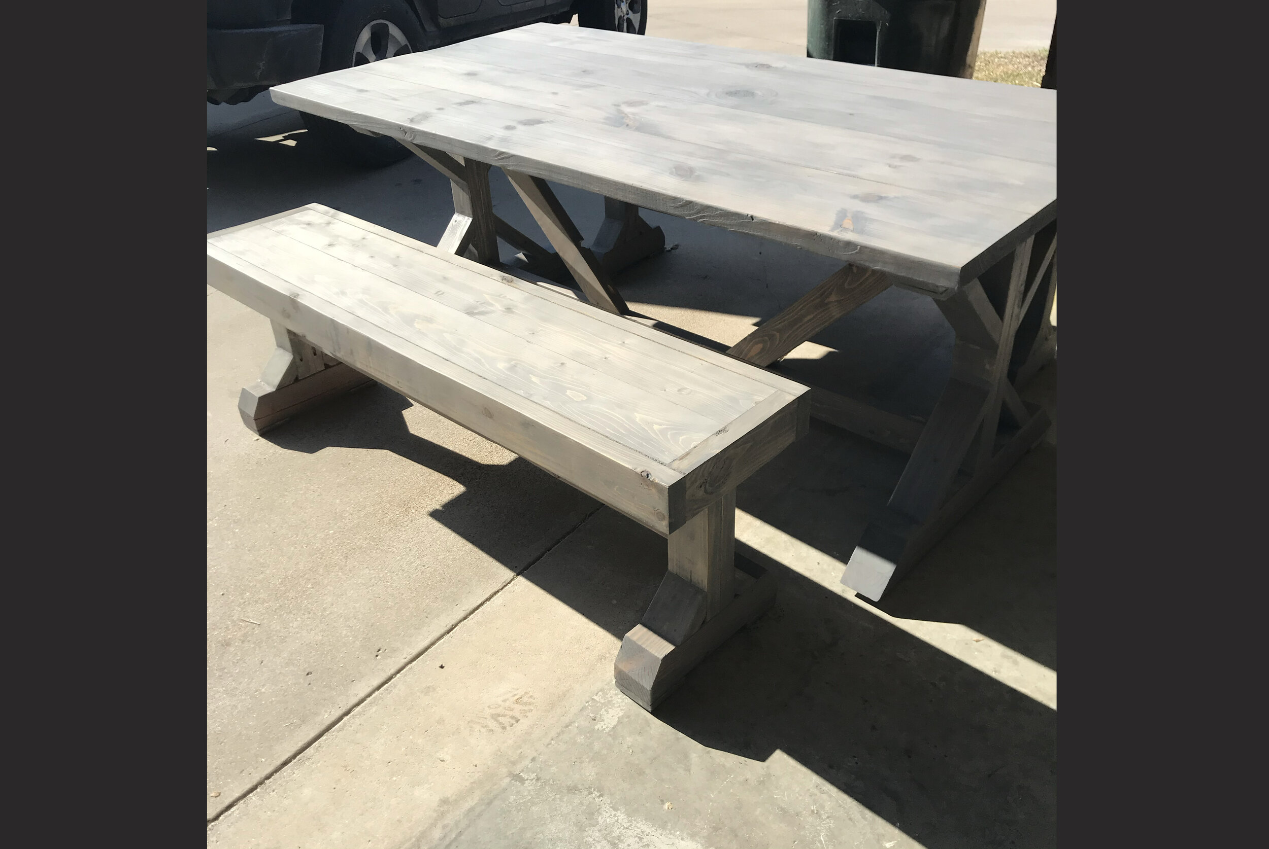 Outdoor table and bench seats.