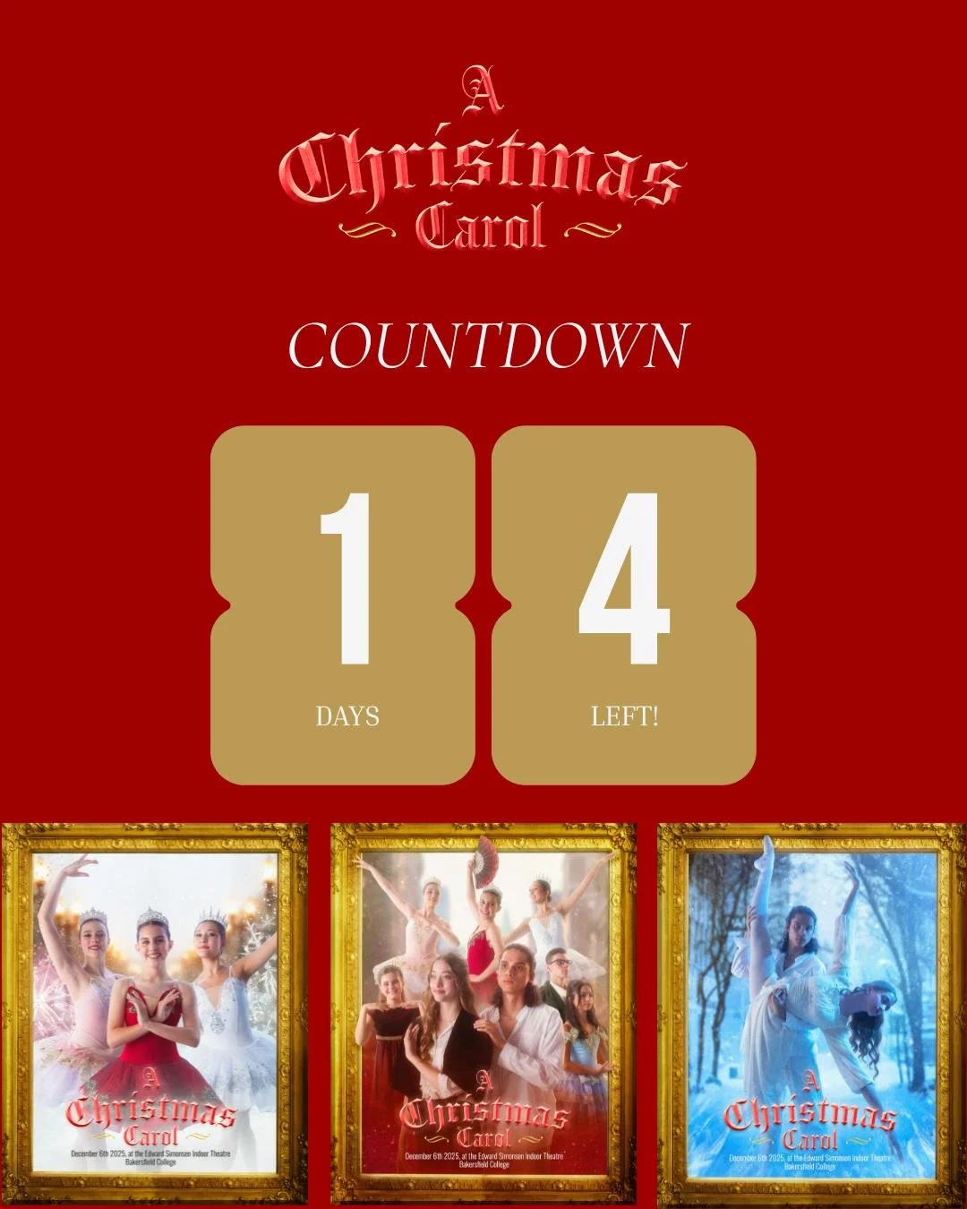 ⏳ Only two weeks until the curtain! Be part of this heartwarming holiday experience right here in Bakersfield. 🎟️ Tickets available now, link in bio!
. . . 
#KernChristmasCarol #BakersfieldBallet #SupportLocalArts #DanceForGood #ChristmasInKernCount