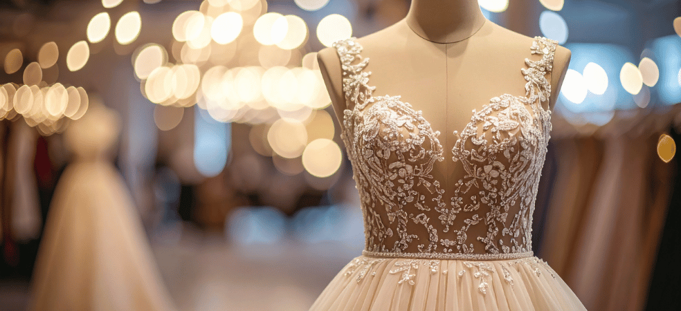 trending wedding dress with lace detailing and tulle skirt in bridal boutique