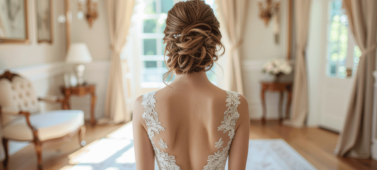 Bride wearing a lace wedding dress with an open back and detailed train