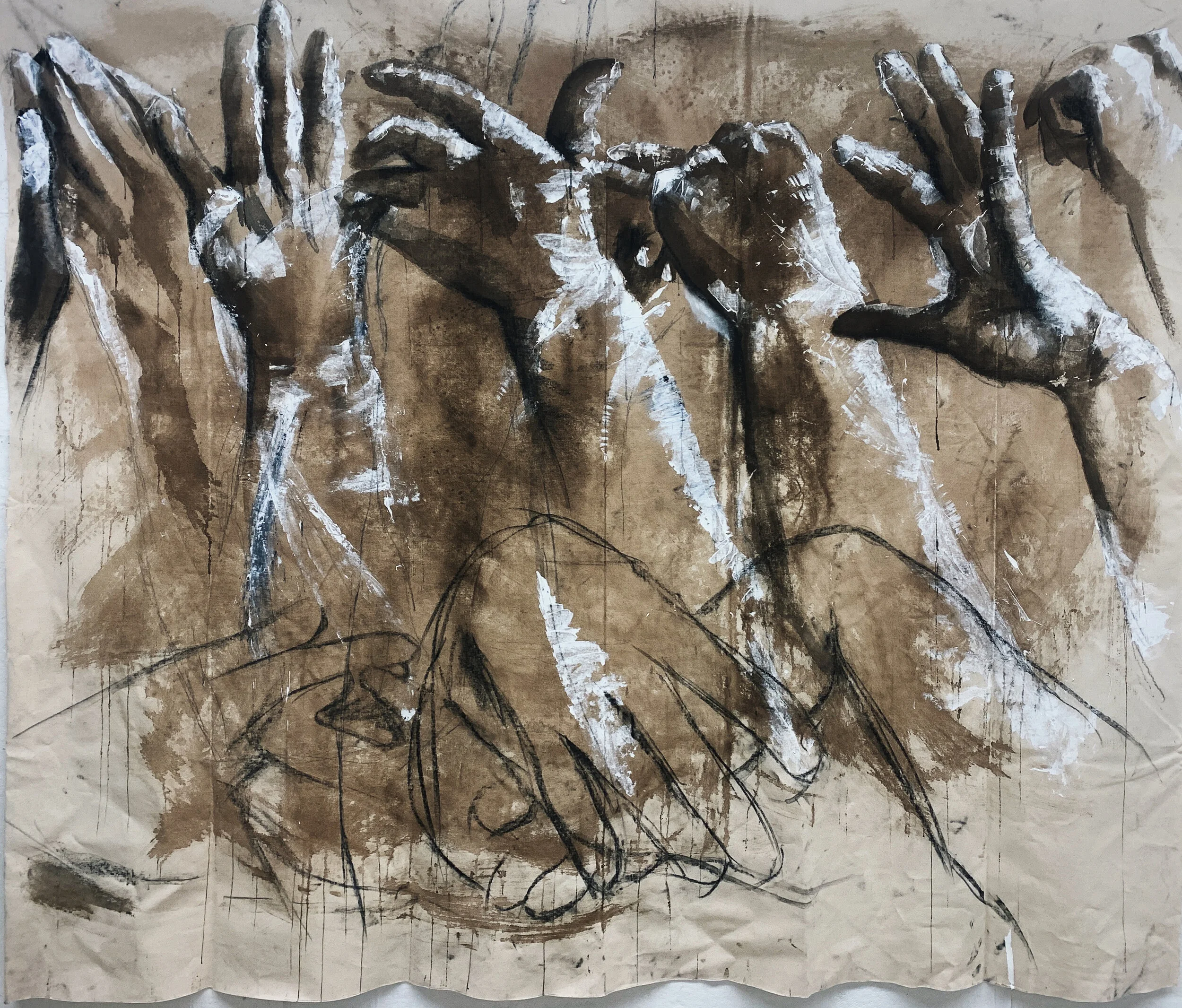 Hand Painting
Charcoal, Acrylic, Walnut Ink, and Pastel on Canvas
7.5' x 6'
2020