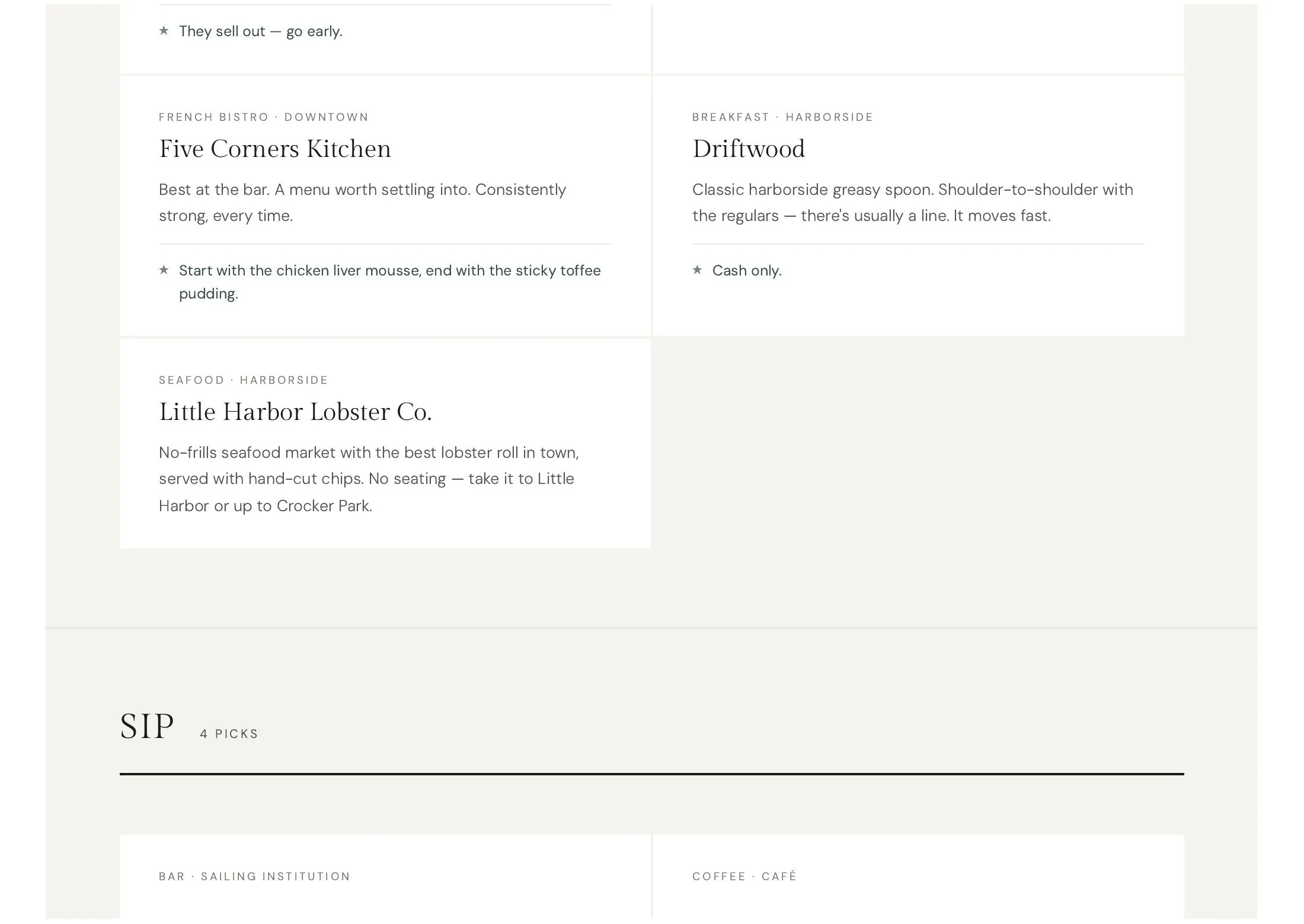 A menu page divided into four sections: top left for a French bistro called 'Five Corners Kitchen' with a note that they sell out early, and a recommended starter dish; top right for a breakfast place named 'Driftwood' with a note that they only accept cash; bottom left for a seafood spot called 'Little Harbor Lobster Co.' serving fresh lobster prepared without fries; bottom right for a coffee shop named 'Coffee Café'. Each section has a brief description of the offerings and ambiance.