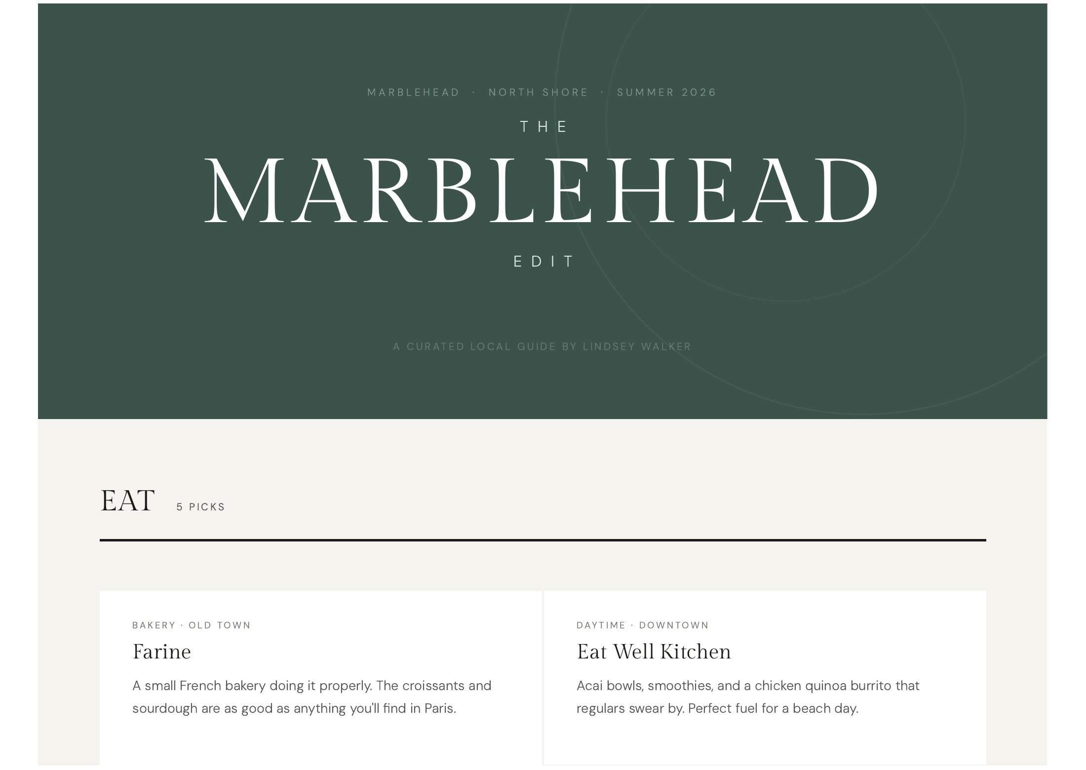 A digital layout of a local guide for Marblehead, North Shore, summer 2026, with sections on eating and bakery options, featuring a minimalistic design with a dark green background on the main title and sections with white backgrounds, black text, and divided headings.