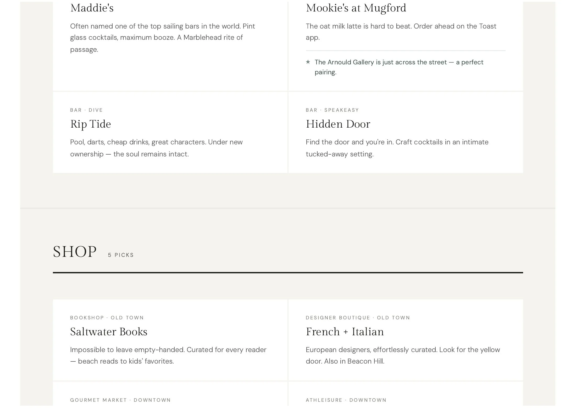 A webpage featuring various sections of restaurant or bar recommendations. Each section includes a title and description, such as 'Maddie's' with a passage about sailing bars and marblehead rites, 'Mookie's at Mugford' mentioning oat milk latte and nearby gallery, 'Rip Tide' highlighting pool and drinks, and 'Hidden Door' about craft cocktails. Other sections include bookshop, designer boutique, gourmet market, and another downtown location with descriptions.