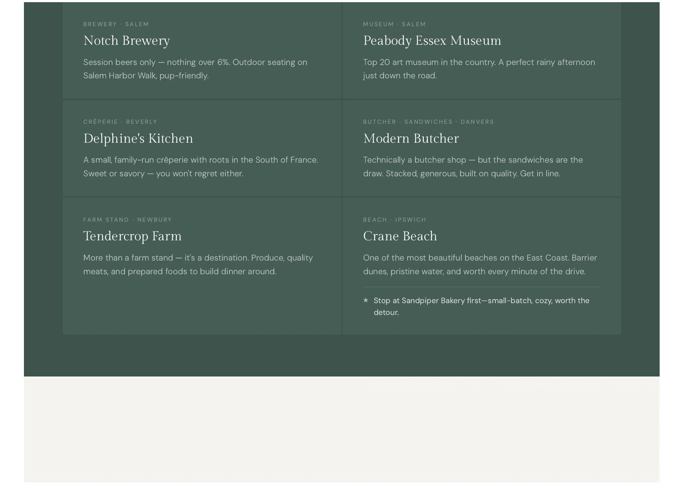 Restaurant menu featuring local attractions in Salem, including Notch Brewery, Peabody Essex Museum, Delphine's Kitchen, Modern Butcher, Tendercrop Farm, and Crane Beach.