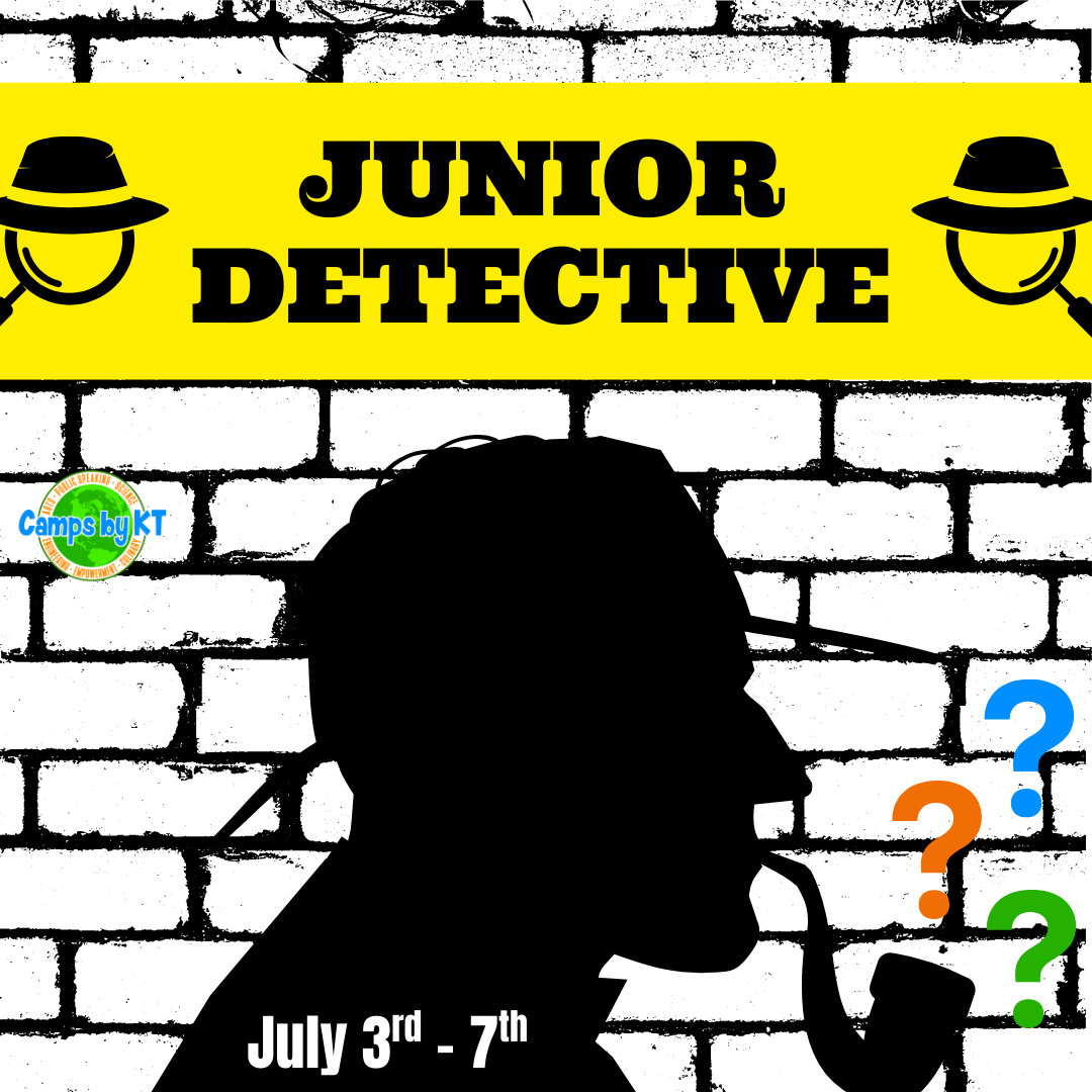 Silhouette of a person wearing a detective hat and smoking a pipe, with colorful question marks nearby, against a white brick wall background, promoting a Junior Detective camp from July 3rd to 7th.