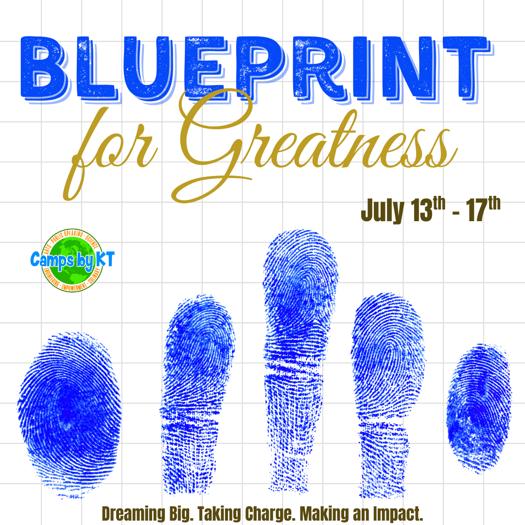 Event poster for 'Blueprint for Greatness' from July 13th to 17th, featuring blue fingerprint images and the phrase 'Dreaming Big, Taking Charge, Making an Impact' at the bottom.