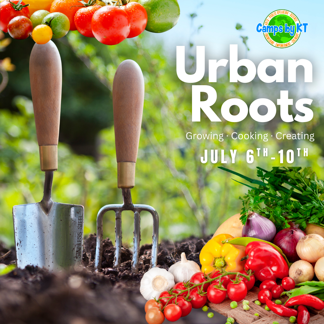A gardening scene with two small gardening tools with wooden handles inserted into soil, surrounded by various fresh vegetables including tomatoes, garlic, peppers, onions, and chili peppers, with blurred green foliage in the background. There is also a logo and event information overlay about an urban roots gardening event.