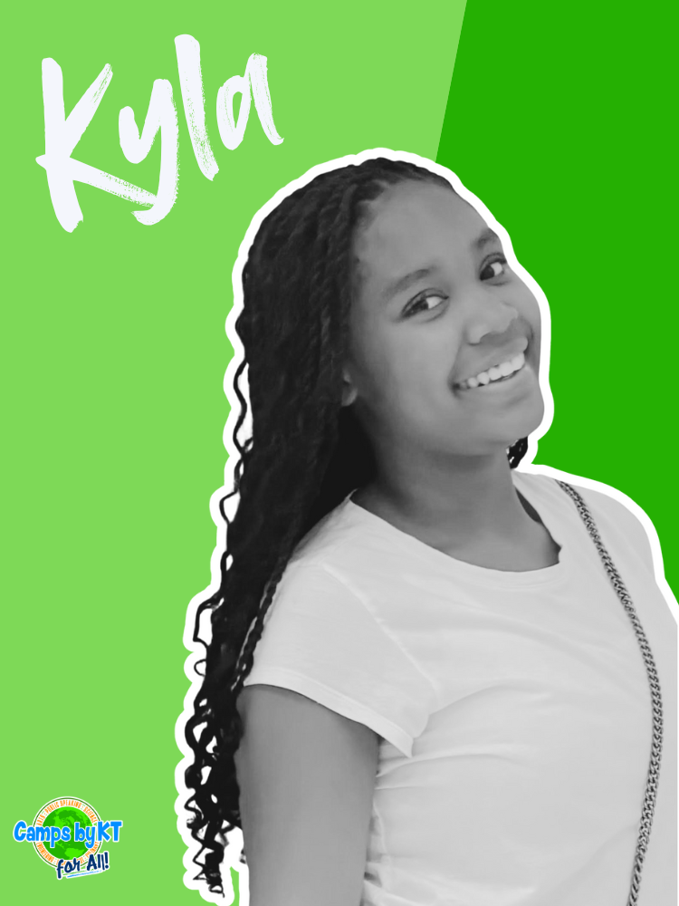A young African American girl with long, textured hair smiling at the camera, wearing a white t-shirt, with a green background, the name 'Kyla' written in white, and a Camp byKT logo in the bottom left corner.