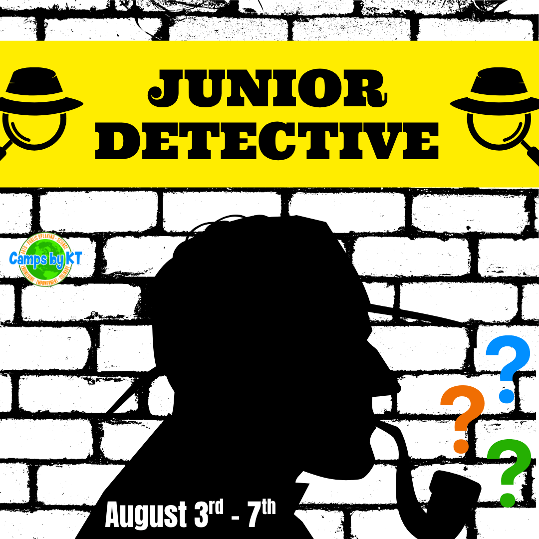 Silhouette of a person wearing a detective hat and smoking a pipe, with colorful question marks nearby, against a white brick wall background, promoting a Junior Detective camp from July 3rd to 7th.