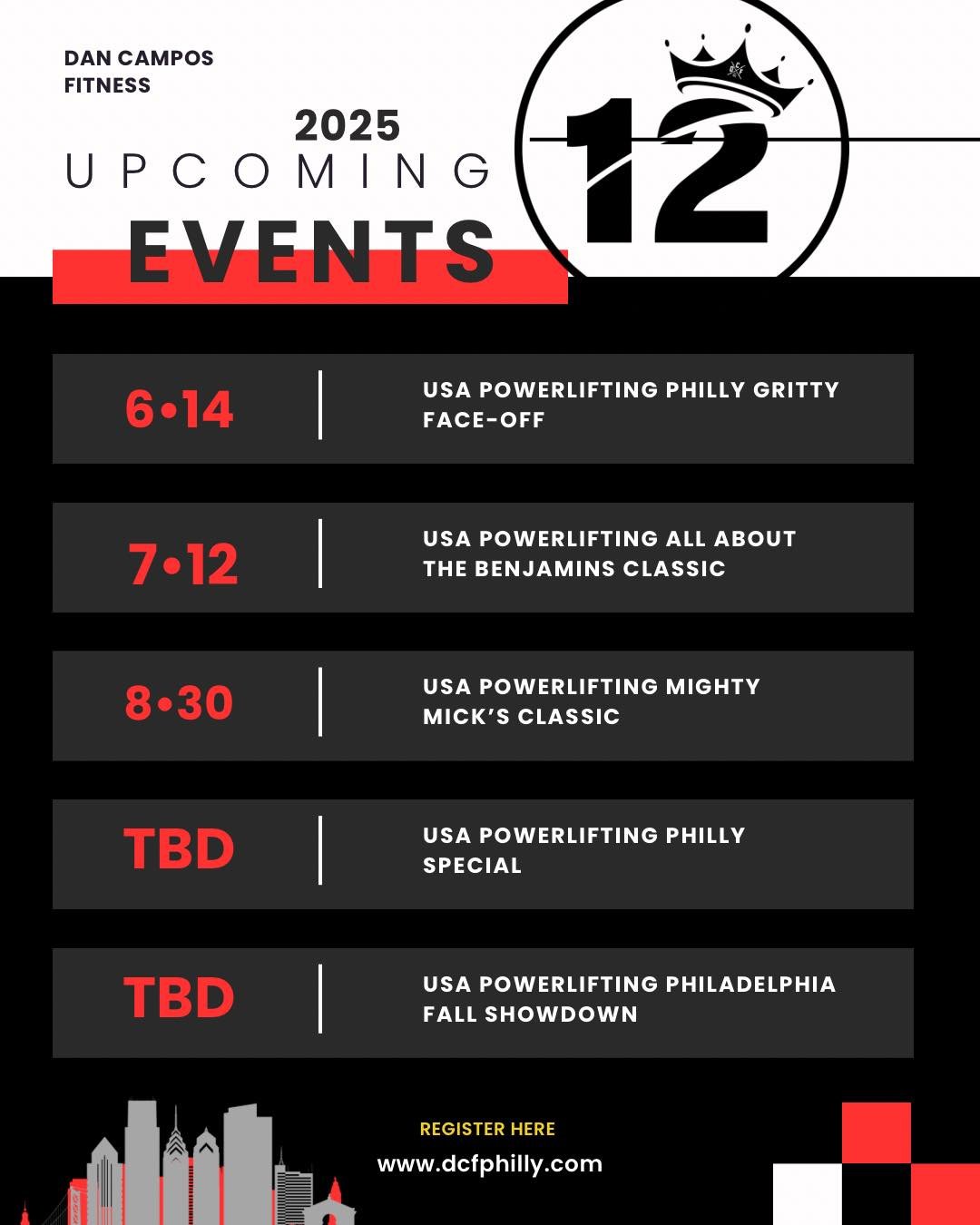 Upcoming Meets 🗓️ 

Register Online ⬇️

www.dcfphilly.com/powerlifting-meets