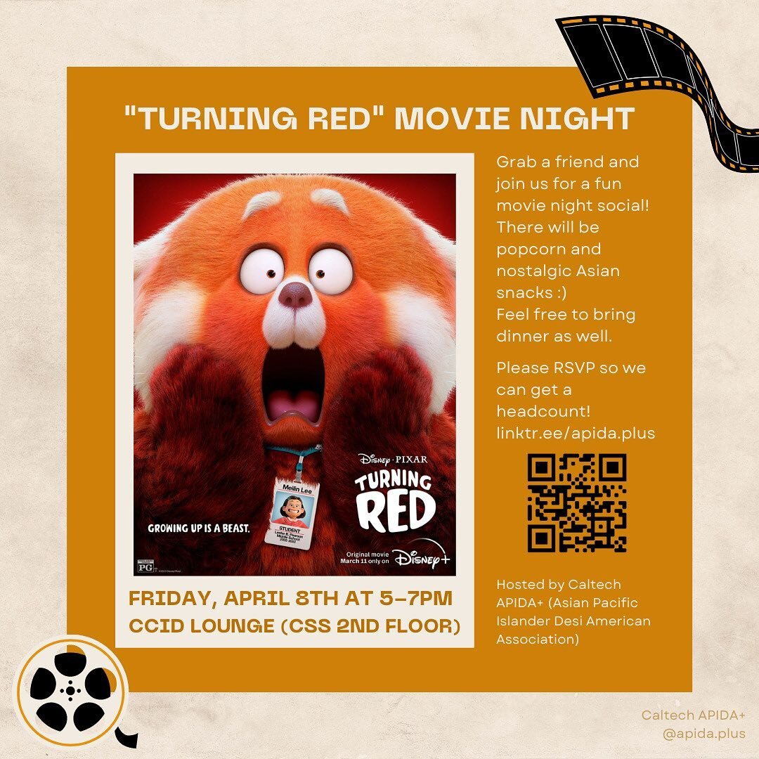 🍿Join us for a movie night next Friday, April 8th at 5PM! RSVP link in bio. 
🎞We'll be screening &quot;Turning Red&quot;, which follows Meilin &quot;Mei&quot; Lee, a 13-year-old Chinese-Canadian student through the trials and tribulations of pubert