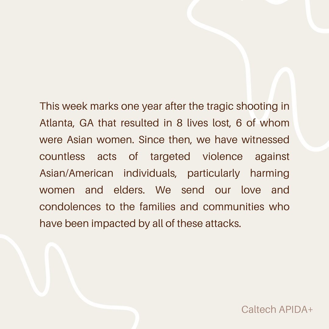 One year after the Atlanta shootings. Resources available on the last slide, and in our newsletter (link in the bio). 

[ID: brown text on a light tan background, with white wavy graphic elements. Alt text available.]