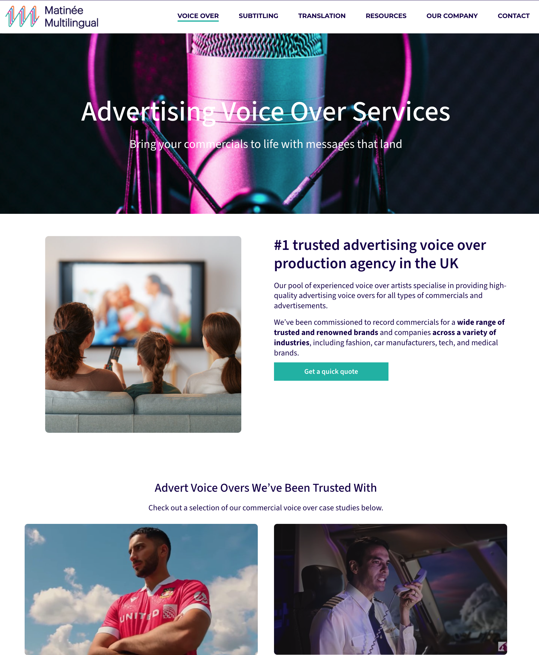 advertising voice over page for matinee multilingual
