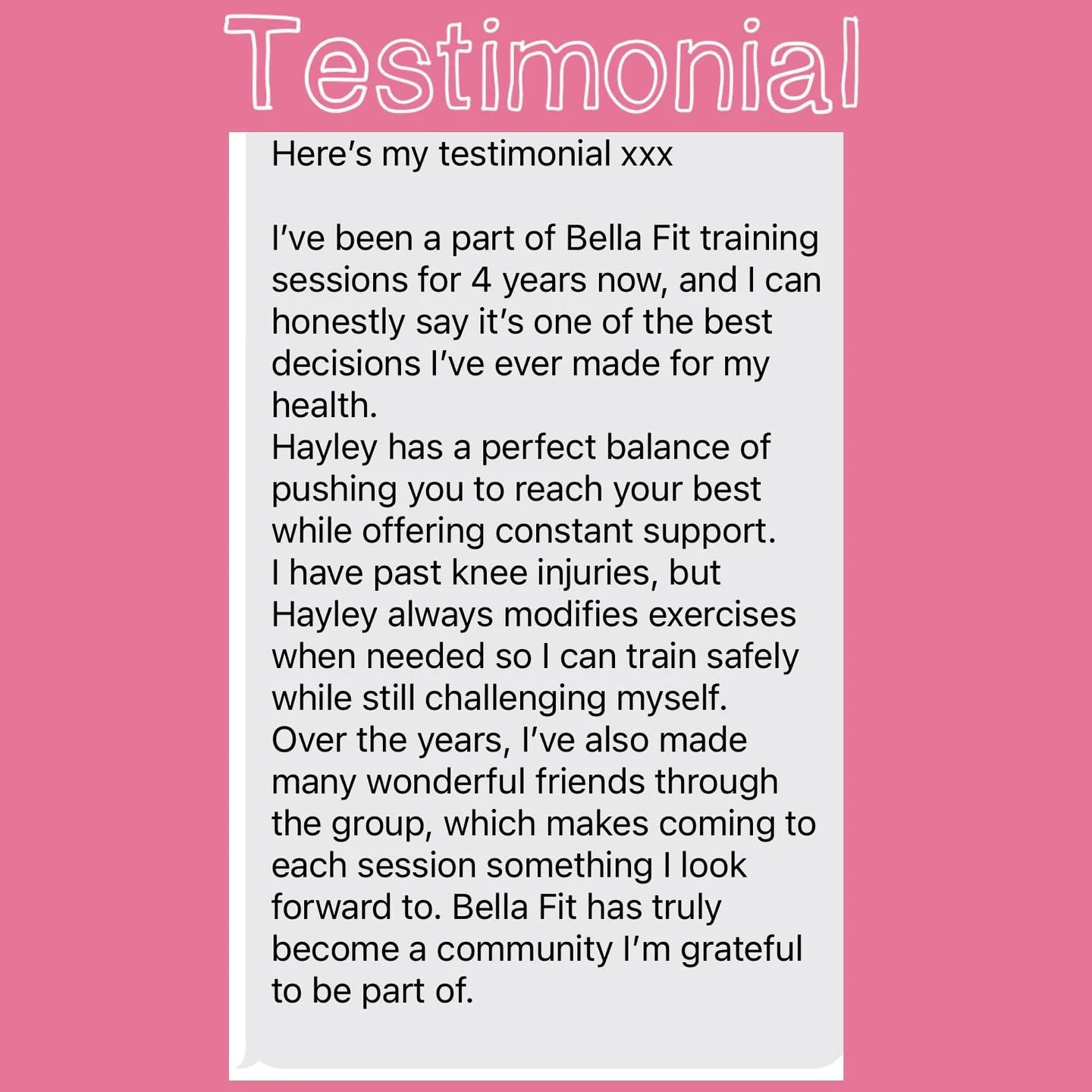 Client Spotlight and Testimonial 💫

It feels like Jen @mrs_suttoes has been part of Bella Fit from the very beginning! Always a delight to have in sessions &mdash; loves a chat, but knows when it&rsquo;s time to focus and get the job done. 💪

It&rs
