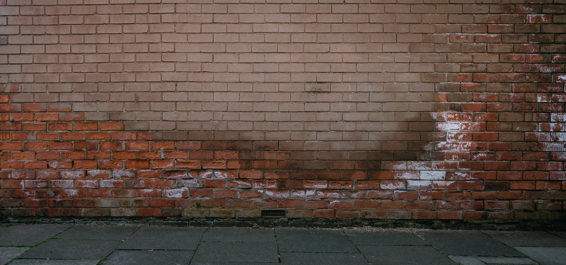 Exterior brick wall with visible rising damp, salt deposits and moisture staining along the lower courses, showing common signs of damp problems in older properties.