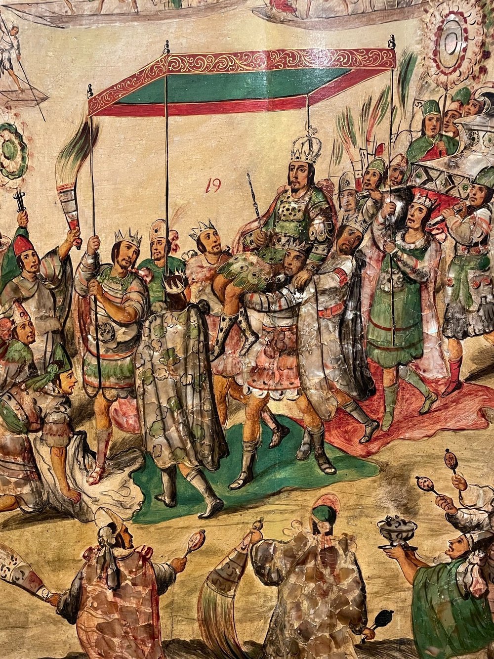 Panel 19: detail of Moctezuma carried to meet Cortés (1698)