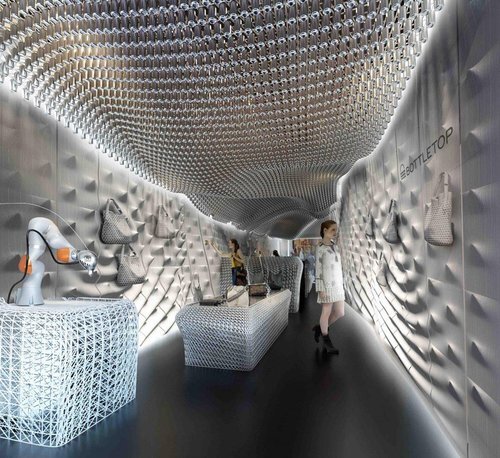 Bottletop's flagship store in London. The pattern of the walls and ceiling are made of reflow filament, which is made entirely from plastic waste..jpg