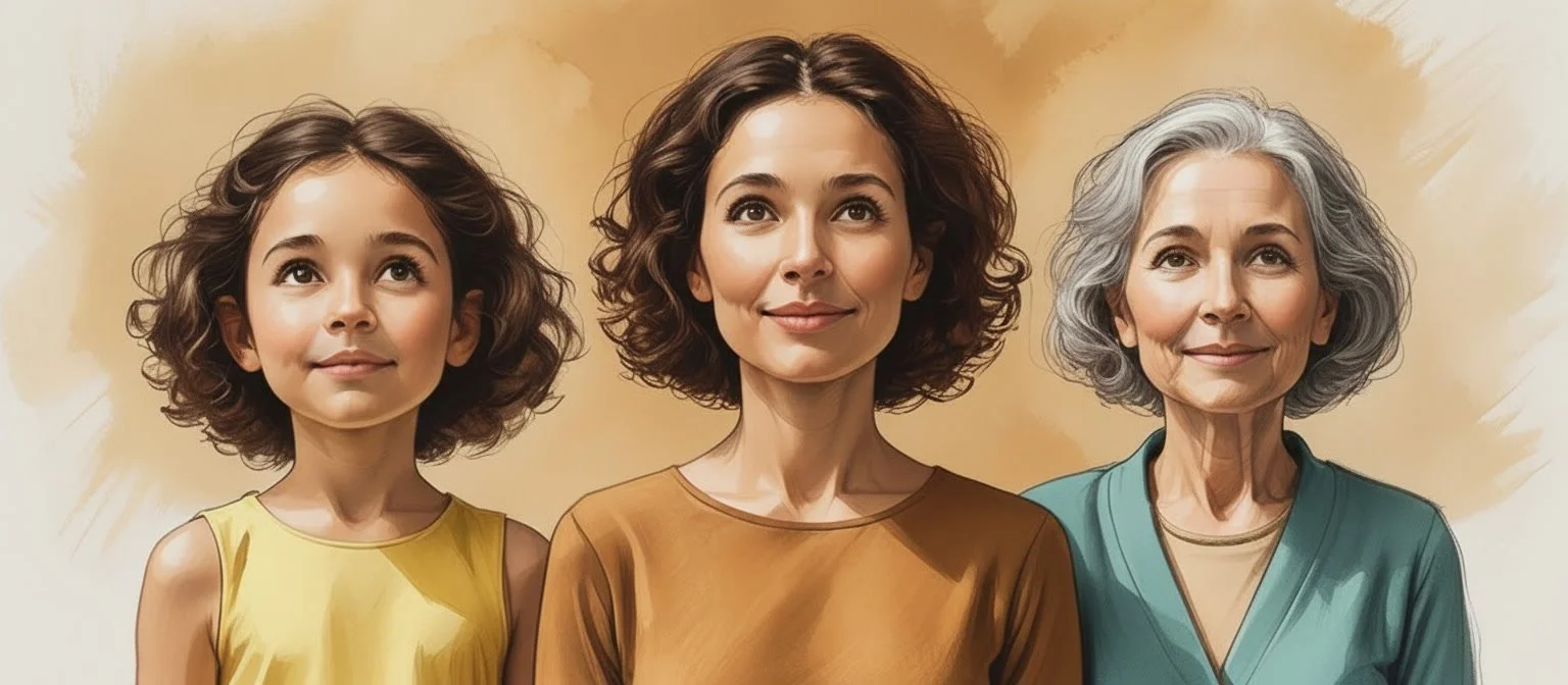 Three figures representing the same person at different ages — a child, an adult, and an older self — standing side by side in warm golden light, symbolizing the development of an ideal internal caregiver across a lifetime.