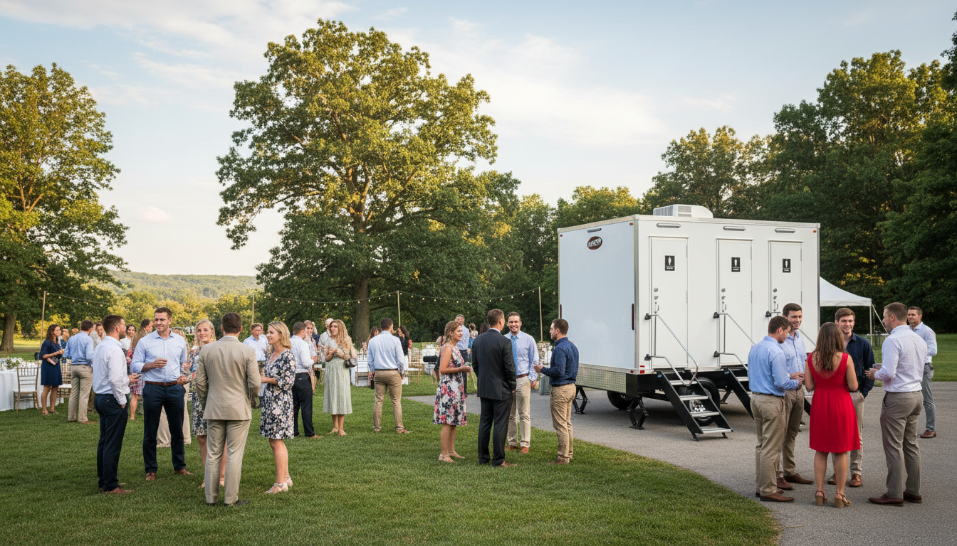 Luxury restroom trailer at an outdoor event with guests