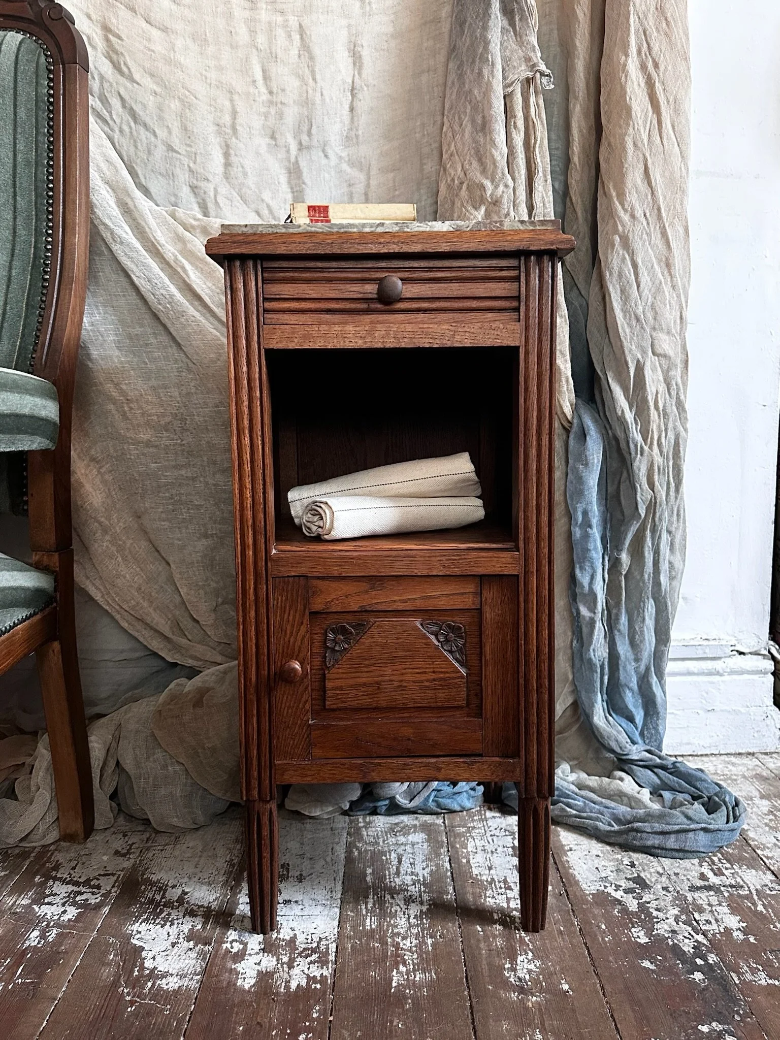 Belgian Oak Marble Top bedside Table c1930