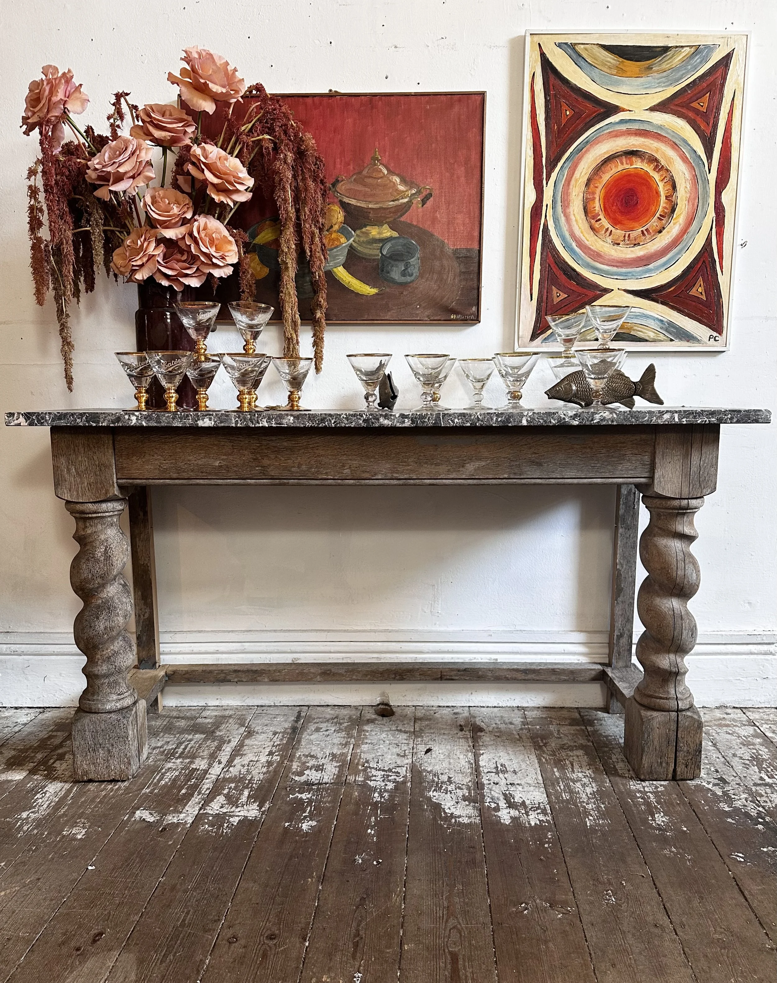 Barley Twist Bleached Oak Console With Marble Top