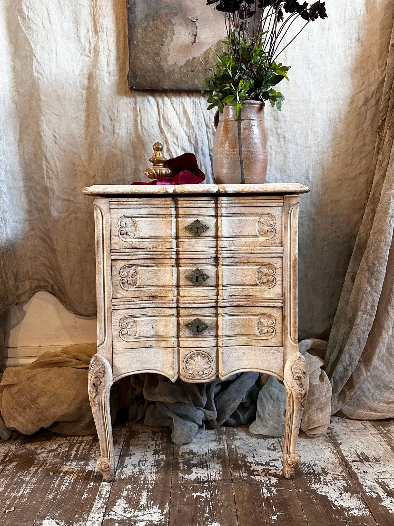 French Bleached Oak Serpentine Front Side Drawers with Lift-Top, c1930