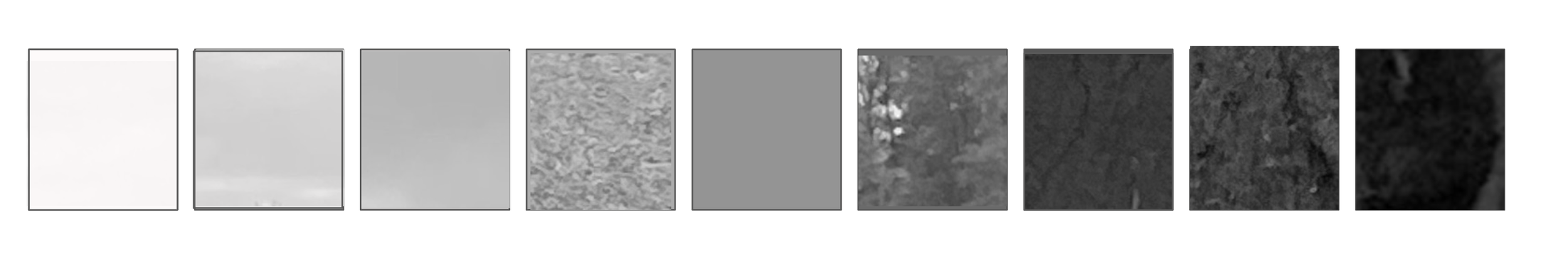 A 9 step value scale created by cropping segments from a black and white photograph, then determining where each resulting grey belongs in the gradation between black and white.