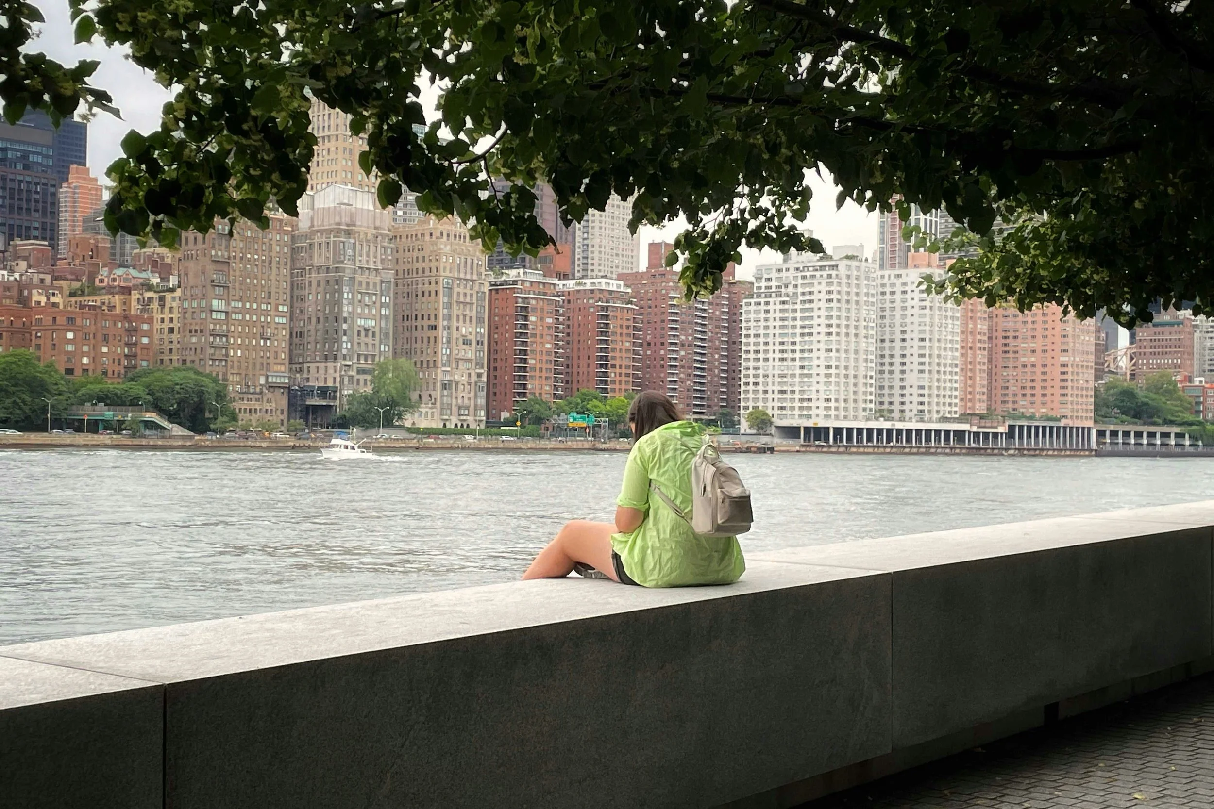 A person wearing a light green shirt and backpack sits alone by the water under a tree, facing a city skyline in quiet reflection.