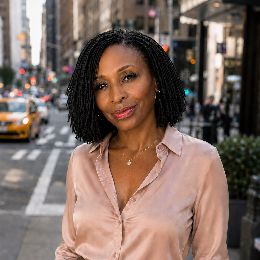 Tanisha Christie standing on a city sidewalk, wearing a blush pink blouse and dark brown skirt, with short locs and a softly blurred urban background.