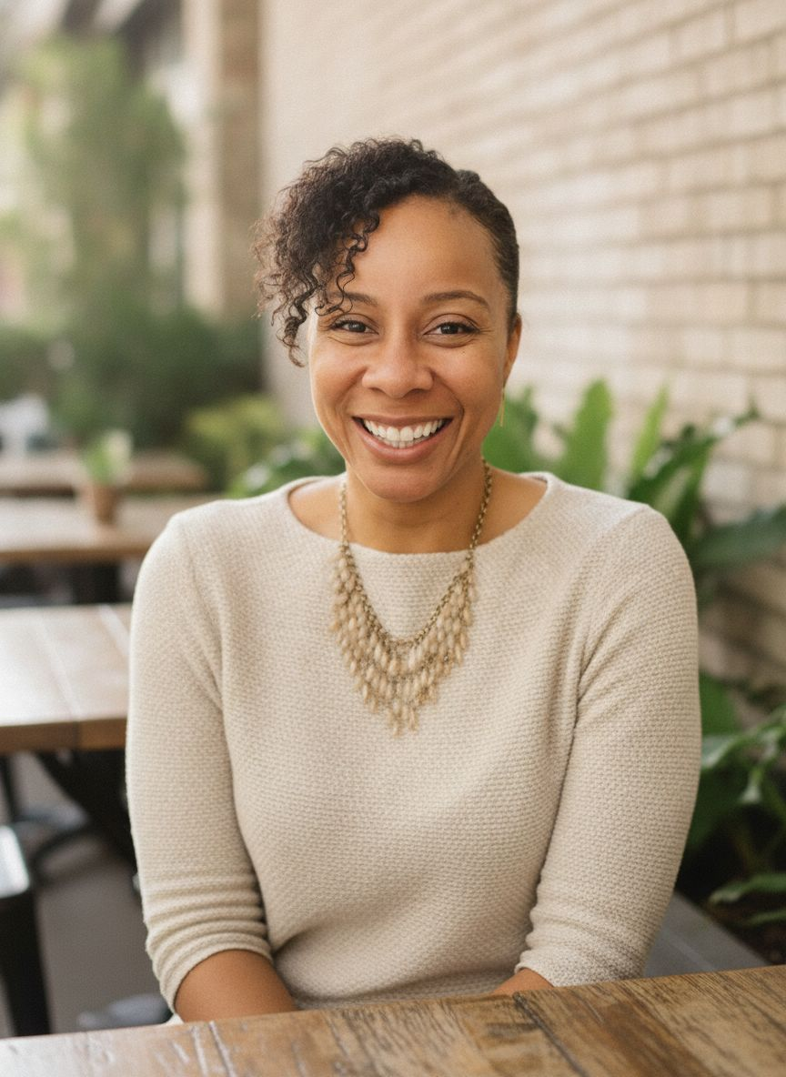 Smiling Black person with short curly hair wearing a cream sweater and statement necklace, seated at a wooden table in a softly lit indoor setting.