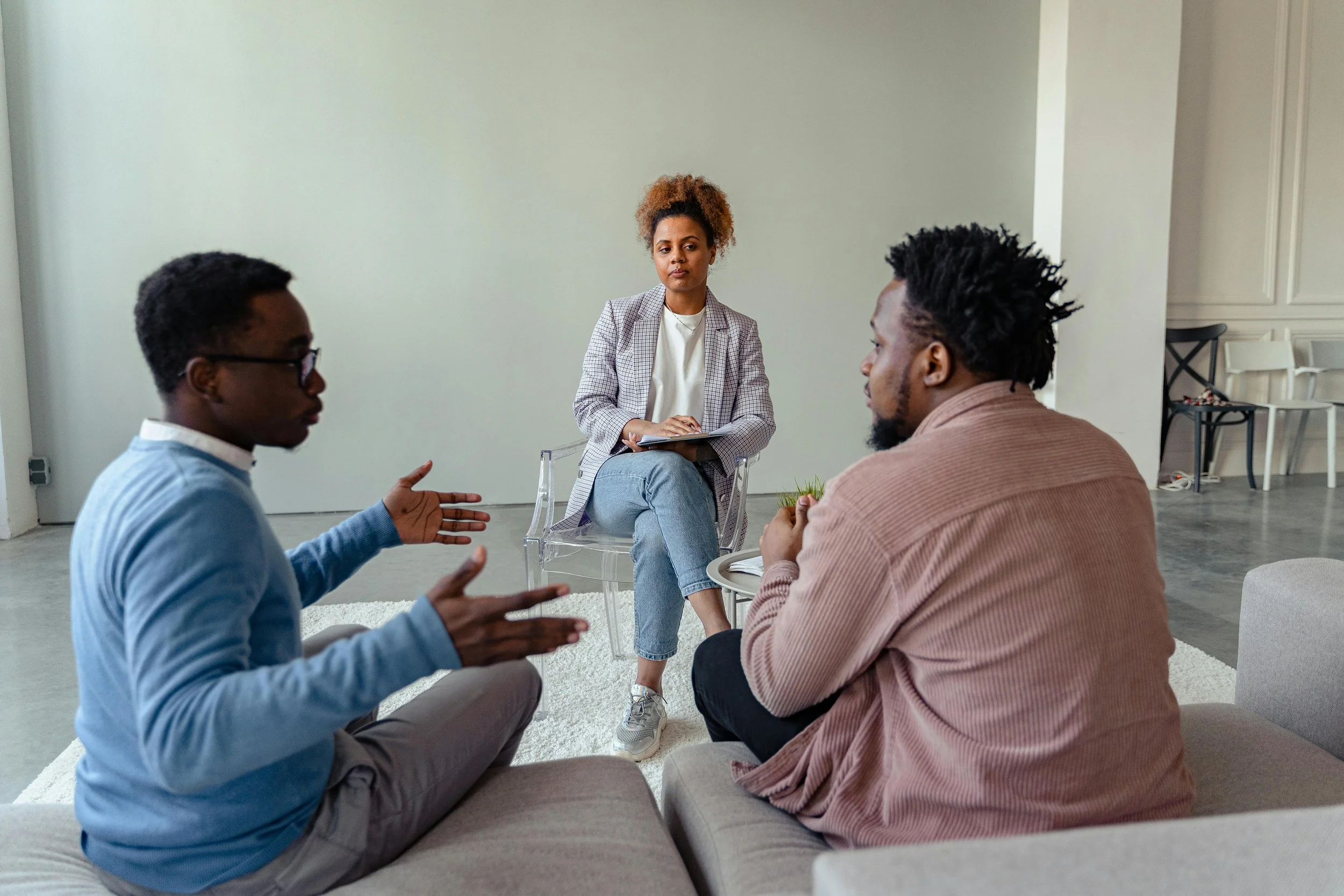 Image of two black men having a conversation in front of a black therapist.