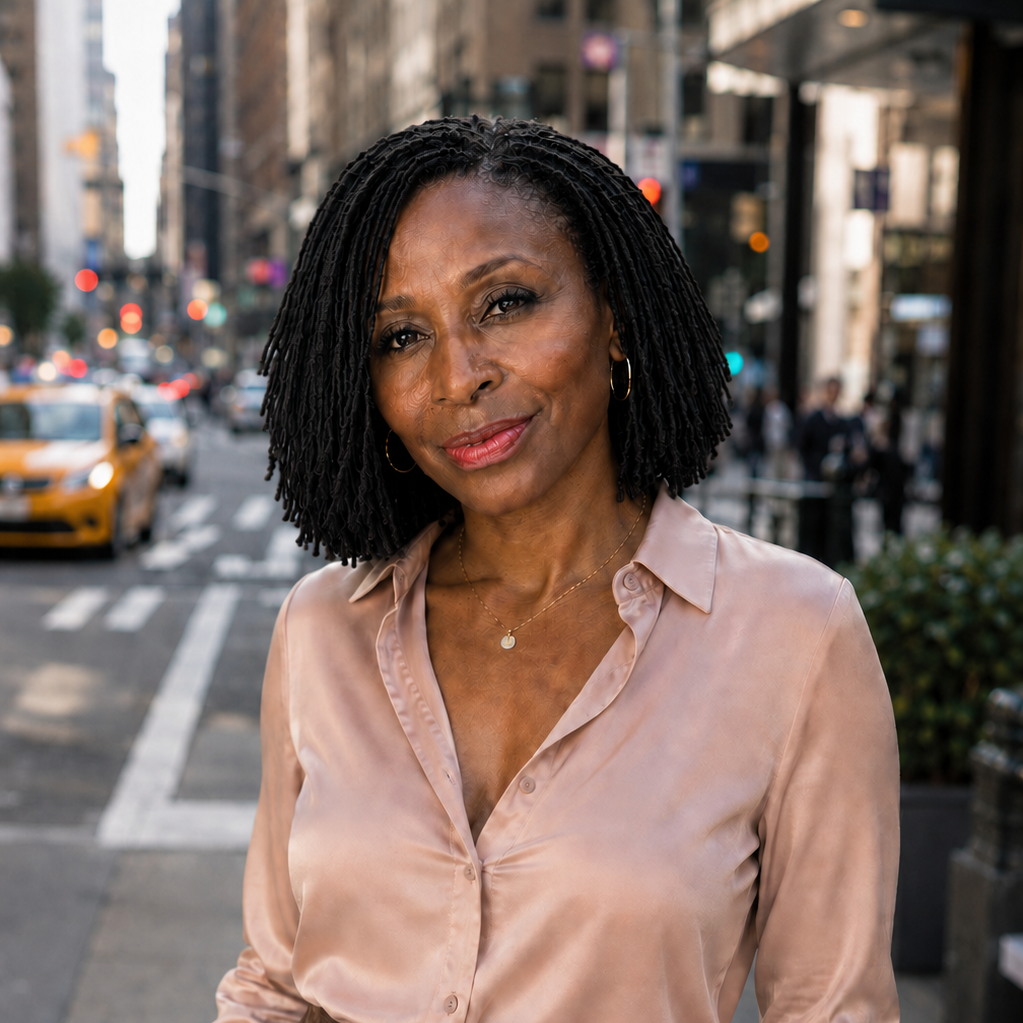 Black person with shoulder-length locs wearing a blush pink blouse and brown skirt, standing on a city sidewalk with a softly blurred street scene in the background.