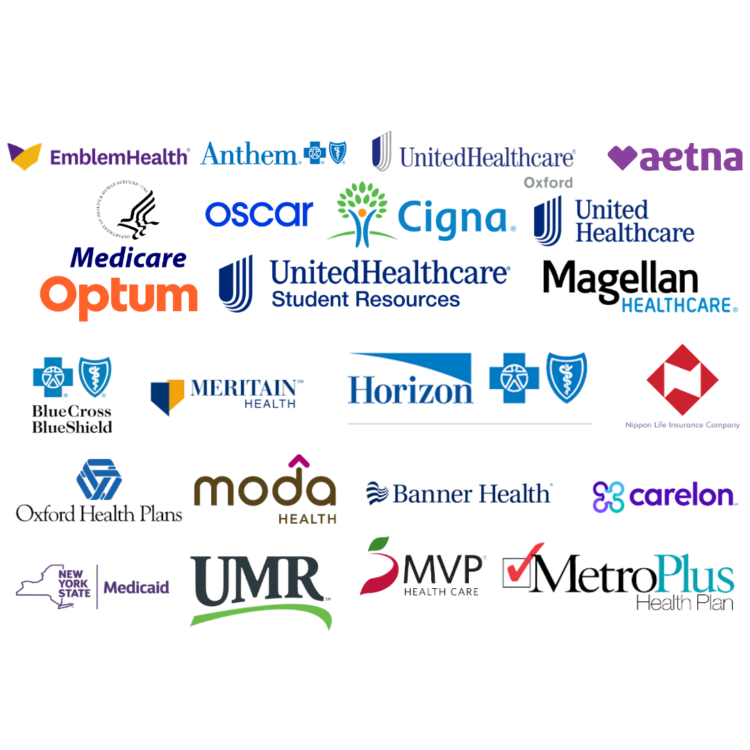 Logos of insurance providers accepted by Liberation-Based Therapy, including Aetna, Anthem, UnitedHealthcare, Cigna, Oscar, Medicare, Medicaid, Optum, MetroPlus, and others.