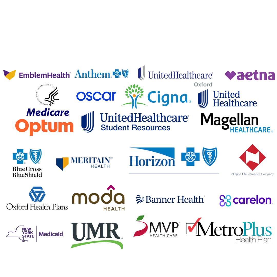 Collage of health insurance logos on a black background, including EmblemHealth, Anthem, UHC, Aetna, Oscar, Cigna, Optum, Magellan, BCBS, Meritain, Horizon, Oxford, Moda, Banner Health, Carelon, NY Medicaid, UMR, MVP, and MetroPlus