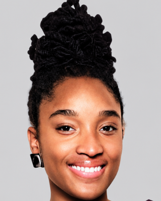 Headshot of Angel Winston-Alexander, LMSW, smiling warmly at the camera, with locs styled high in an updo and a square earring, against a plain white background.